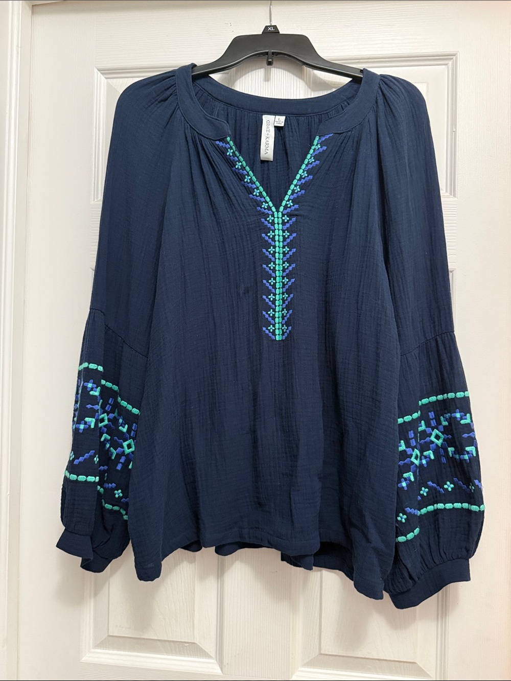 Grace + Karma Embroidered Navy Peasant Top with Turquoise Accents Size L